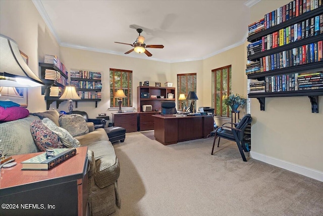 carpeted home office featuring ceiling fan and crown molding