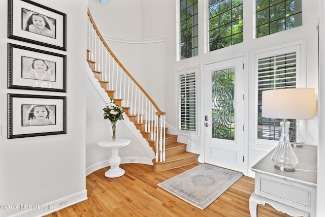 foyer entrance featuring wood-type flooring and a high ceiling