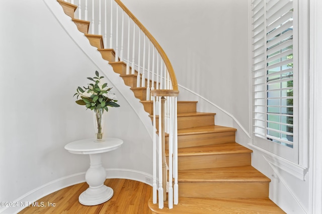 staircase with wood-type flooring