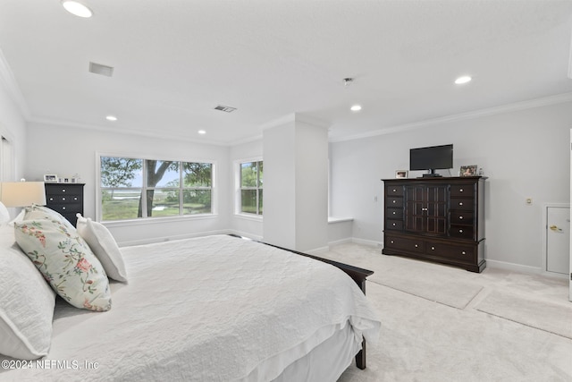 carpeted bedroom featuring ornamental molding