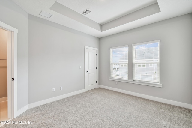 carpeted spare room with a raised ceiling