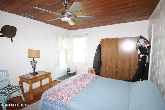 bedroom featuring wooden ceiling, wood-type flooring, and ceiling fan