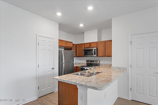 kitchen featuring sink, kitchen peninsula, light wood-type flooring, and stainless steel appliances