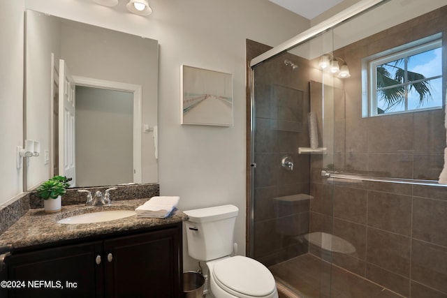 full bathroom featuring vanity, toilet, and a shower stall