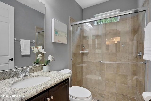 bathroom with vanity, toilet, and a stall shower