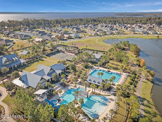 drone / aerial view featuring a water view