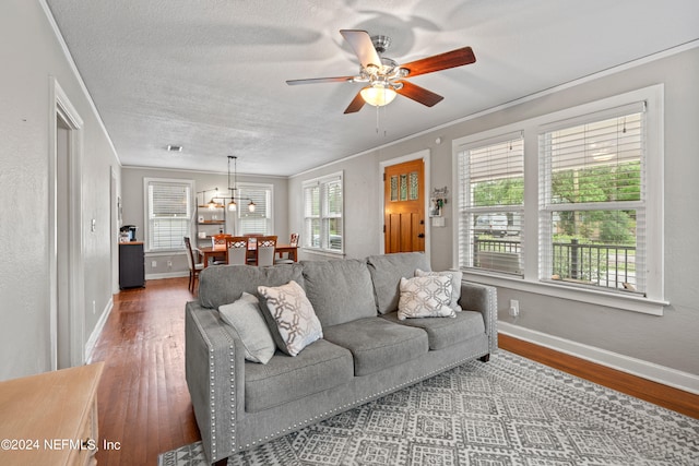 living room with ornamental molding, hardwood / wood-style flooring, a textured ceiling, and ceiling fan with notable chandelier