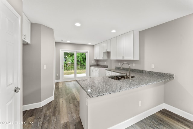 kitchen with dark hardwood / wood-style floors, kitchen peninsula, light stone countertops, white cabinets, and sink