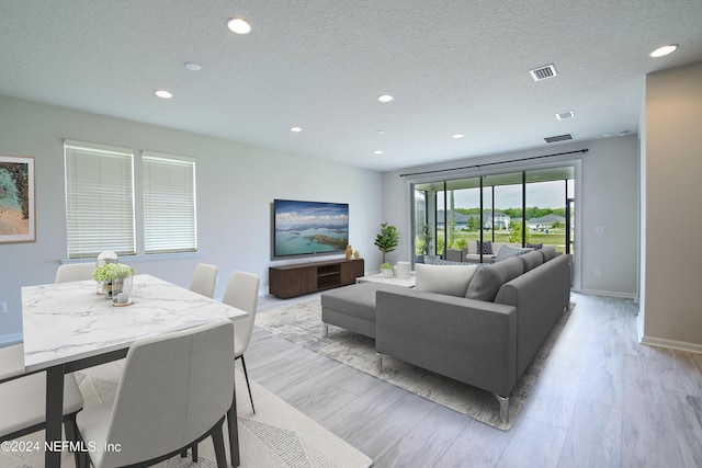 living room with a textured ceiling and light hardwood / wood-style flooring