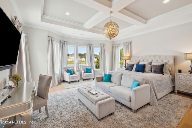 5275 Bentpine Cove Rd, Jacksonville, FL 32224 - bedroom with beam ceiling, a chandelier, wood finished floors, coffered ceiling, and crown molding