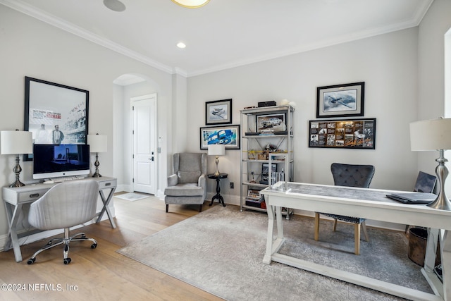 5275 Bentpine Cove Rd, Jacksonville, FL 32224 - office with arched walkways, crown molding, wood finished floors, baseboards, and recessed lighting