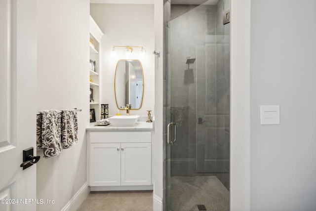 5275 Bentpine Cove Rd, Jacksonville, FL 32224 - bathroom featuring a shower stall, tile patterned floors, vanity, and baseboards