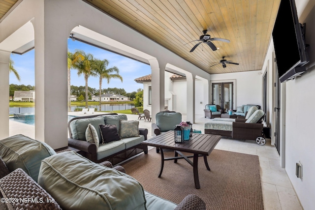 5275 Bentpine Cove Rd, Jacksonville, FL 32224 - view of patio with an outdoor living space, a ceiling fan, an outdoor pool, french doors, and a water view