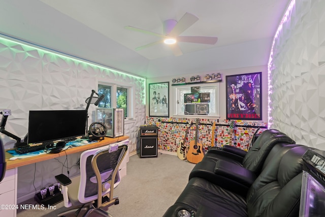 home office with carpet and ceiling fan