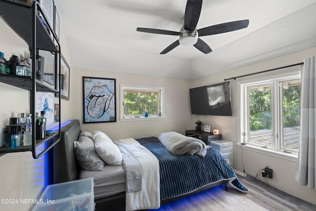 bedroom with ceiling fan and wood-type flooring