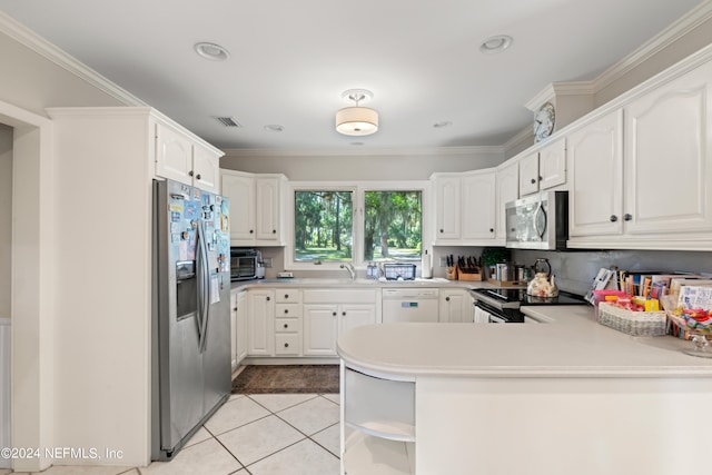 kitchen featuring crown molding, appliances with stainless steel finishes, white cabinets, kitchen peninsula, and light tile floors