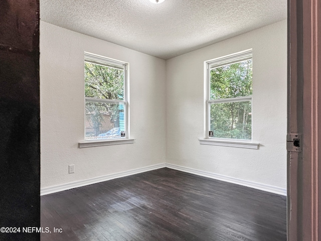 unfurnished room with a textured ceiling, dark wood-type flooring, and plenty of natural light