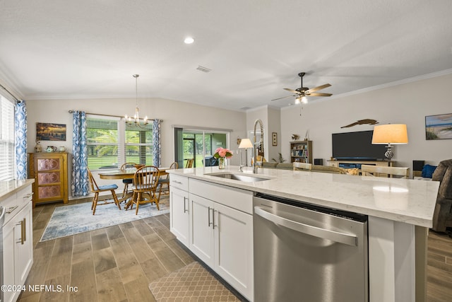 kitchen with decorative light fixtures, wood-type flooring, stainless steel dishwasher, and a kitchen island with sink