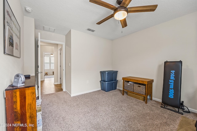 misc room featuring ceiling fan, carpet floors, and a textured ceiling