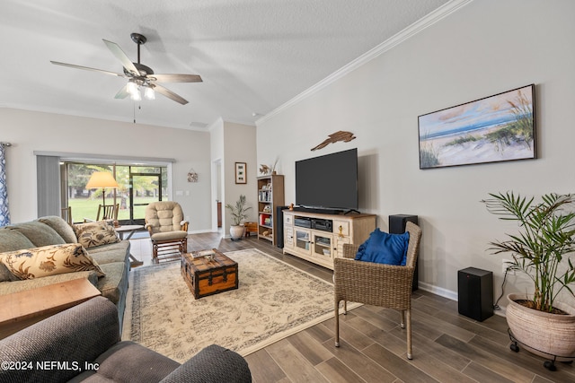 living room featuring a textured ceiling, ceiling fan, dark hardwood / wood-style flooring, and crown molding