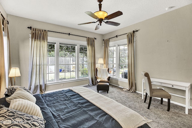 bedroom featuring ceiling fan, carpet flooring, and a textured ceiling