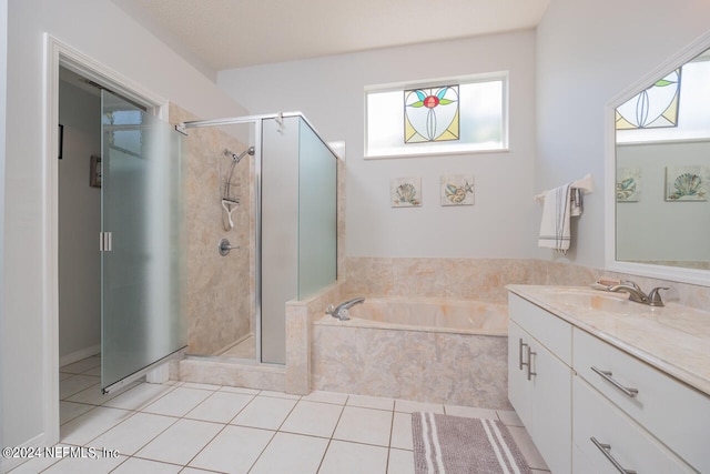 bathroom with separate shower and tub, tile patterned floors, and vanity