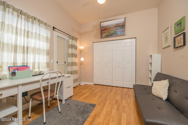 office with a wealth of natural light, ceiling fan, a textured ceiling, and light wood-type flooring