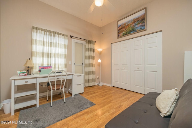 office area featuring ceiling fan and light hardwood / wood-style flooring