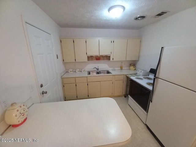 kitchen with cream cabinets, sink, and white appliances