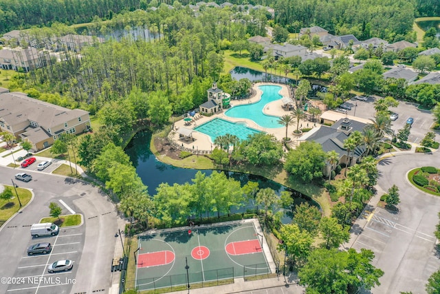 bird's eye view with a water view