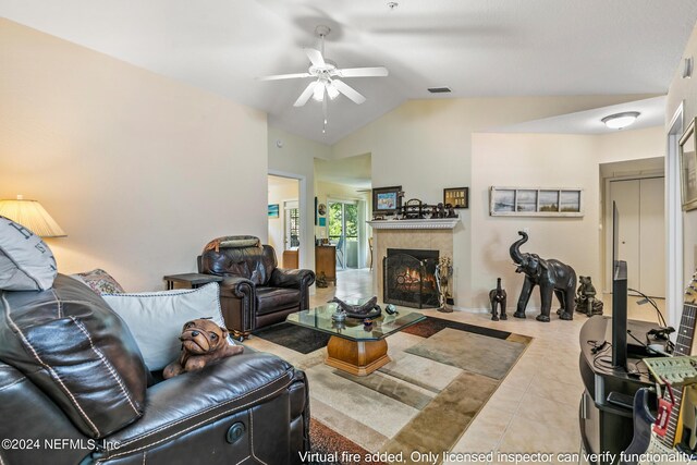 1701 The Greens Way Unit 1224, Jacksonville Beach, FL 32250 - tiled living room with vaulted ceiling and ceiling fan