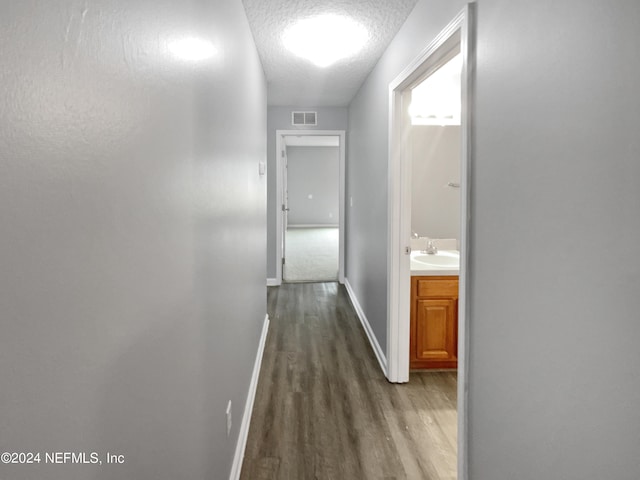 hall featuring sink, a textured ceiling, and wood-type flooring