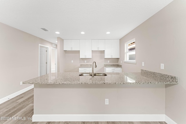 kitchen with sink, light hardwood / wood-style floors, kitchen peninsula, and white cabinetry