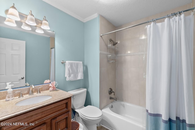 full bathroom featuring a textured ceiling, toilet, shower / bath combo with shower curtain, vanity, and ornamental molding