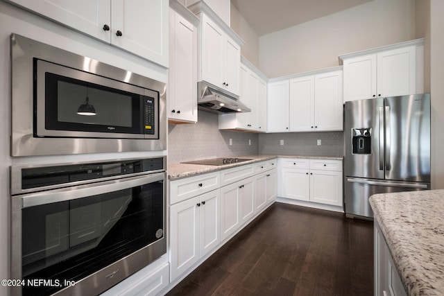 kitchen with white cabinets, dark hardwood / wood-style floors, backsplash, light stone countertops, and appliances with stainless steel finishes