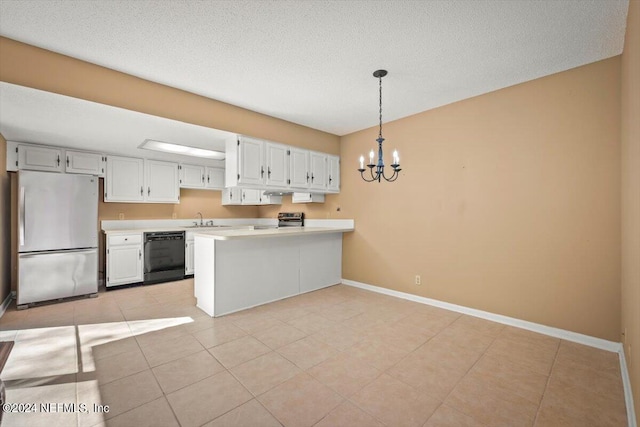 kitchen with stainless steel appliances, a chandelier, light tile floors, and decorative light fixtures