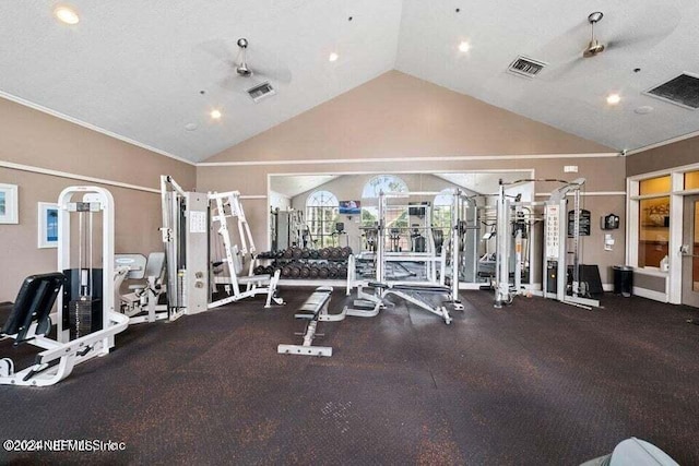 gym with high vaulted ceiling and ceiling fan