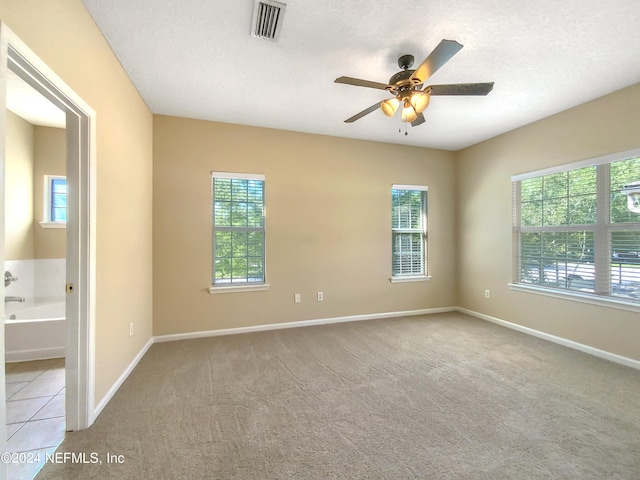 empty room with a textured ceiling, ceiling fan, a healthy amount of sunlight, and light carpet