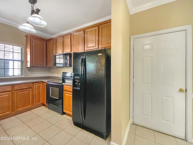 kitchen featuring black appliances, light tile patterned flooring, crown molding, and hanging light fixtures