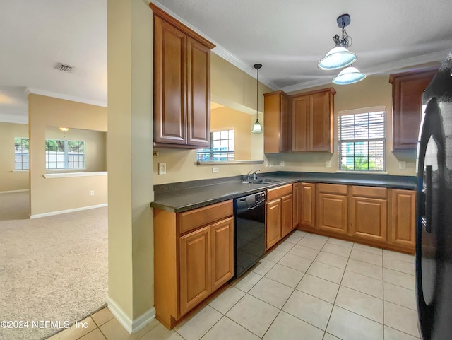 kitchen with sink, light colored carpet, black appliances, and ornamental molding