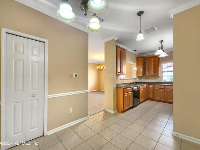 kitchen with crown molding, dishwasher, a chandelier, hanging light fixtures, and light tile patterned flooring