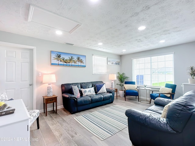 living room featuring light hardwood / wood-style flooring and a textured ceiling