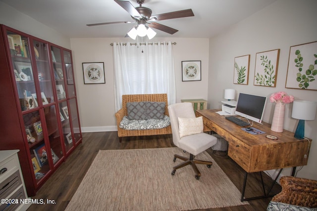 office area featuring dark wood-style floors, ceiling fan, and baseboards