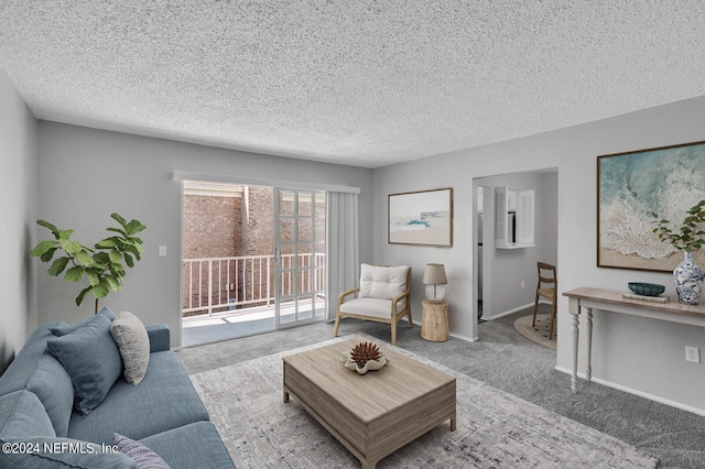 carpeted living room with a textured ceiling