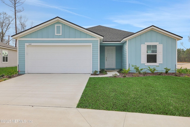 ranch-style home featuring board and batten siding, concrete driveway, a front lawn, and an attached garage