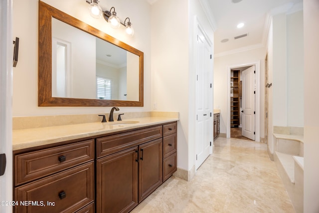 bathroom with vanity and crown molding