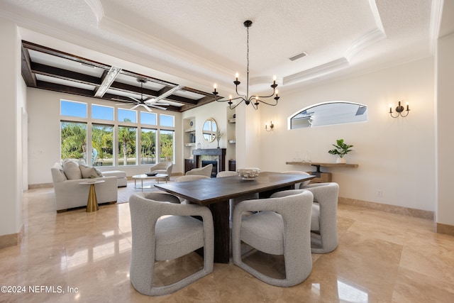 dining area featuring a textured ceiling, beamed ceiling, ceiling fan, crown molding, and coffered ceiling