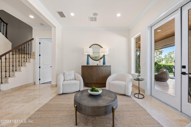 sitting room with ornamental molding