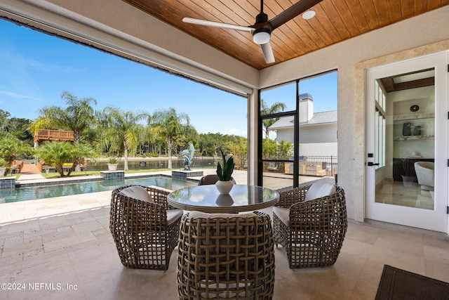 sunroom / solarium featuring ceiling fan and wooden ceiling