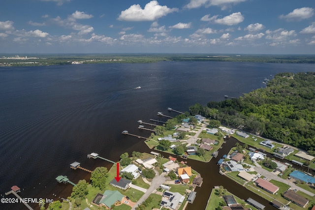 drone / aerial view featuring a water view